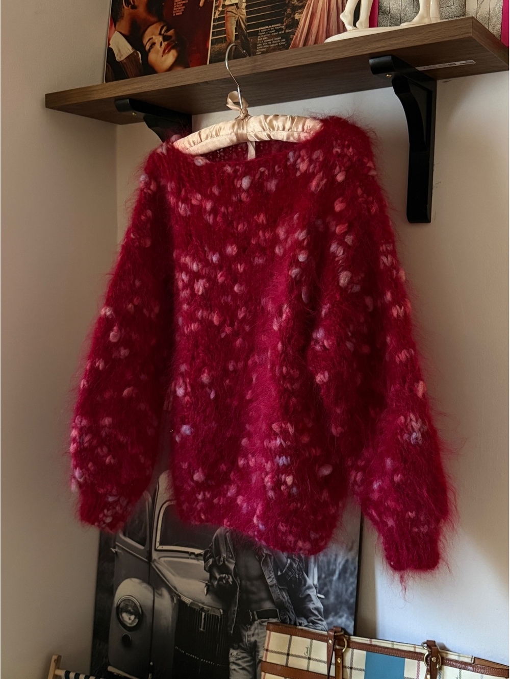 Handmade Vintage Red and Pink Mohair Sweater with pastel fluffs size M-L